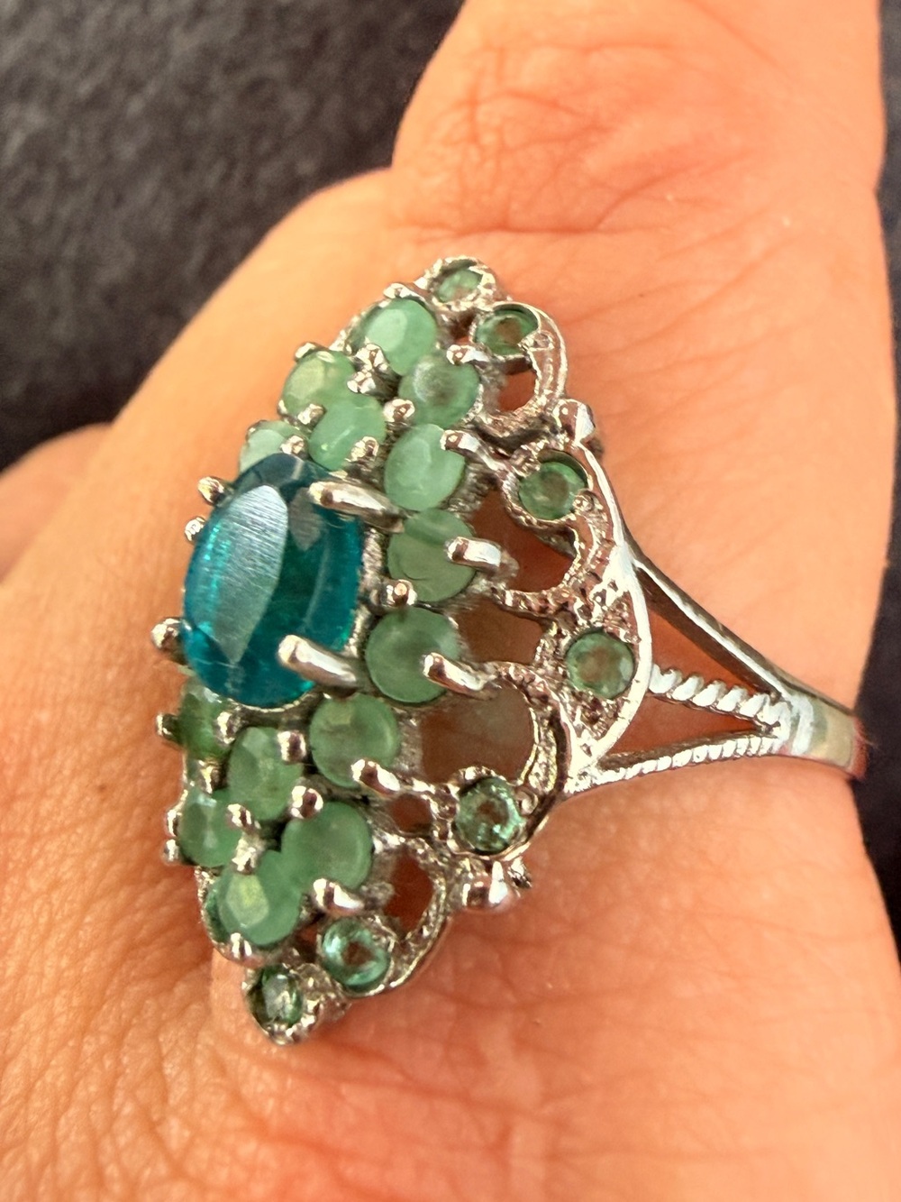 Ethiopian Blue Opal & Emerald vintage 
Ring 925 Silver 14K WG Sz8.5 - Picture 7 of 17